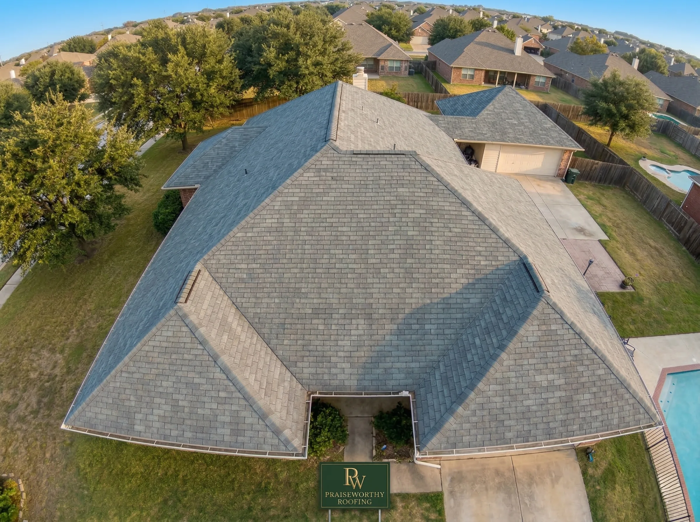 Aerial view of roof after storm restoration