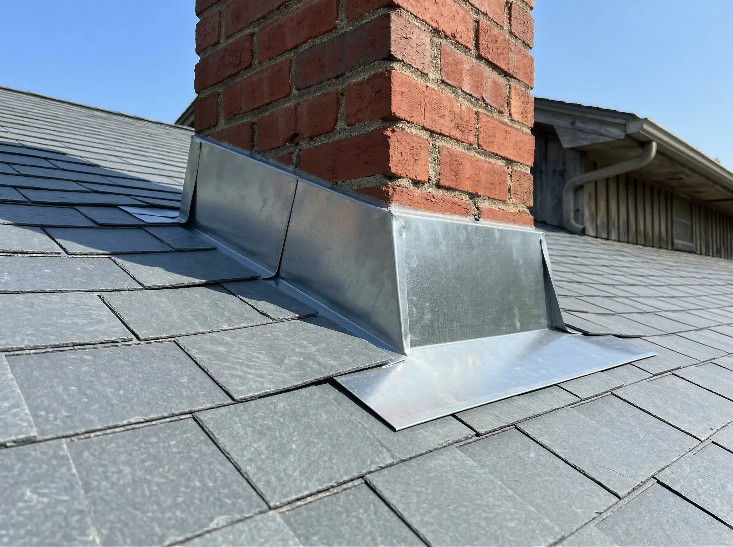 Chimney flashing and roofline after repair