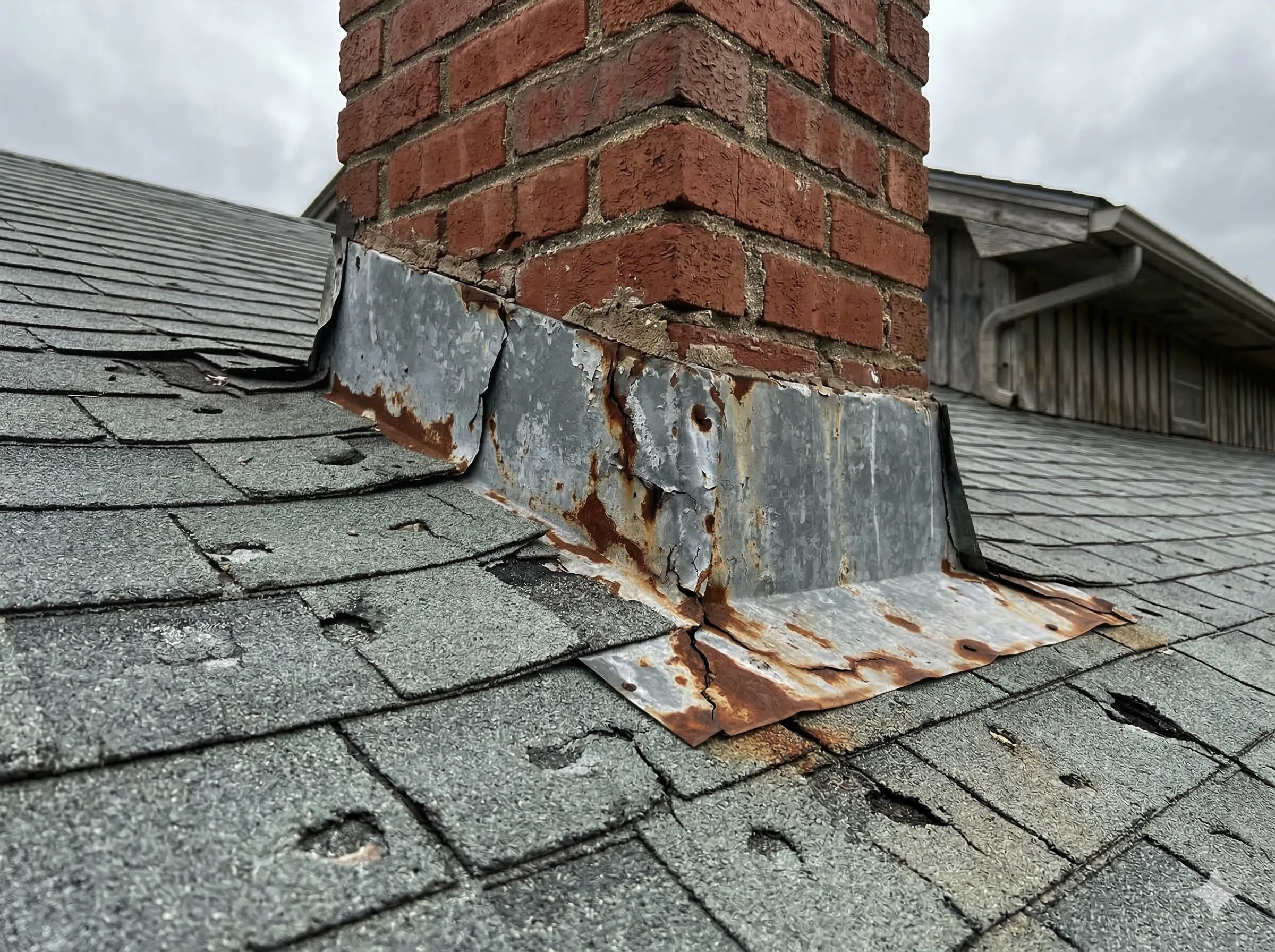 Chimney flashing and roofline before repair