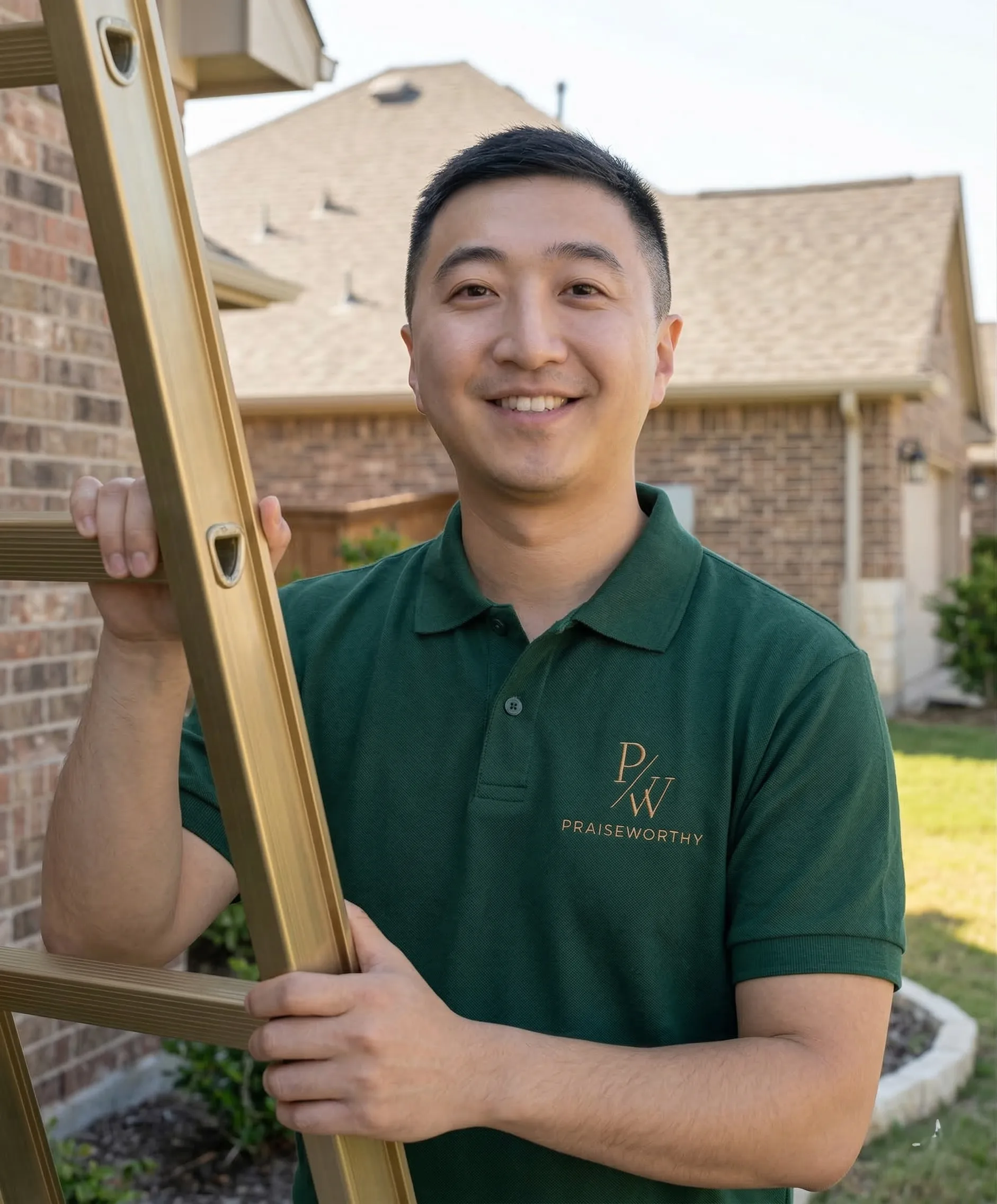 The founder of Praise Worthy Roofing on a ladder at a client's home